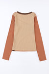 Brown Expose Seam Color Block Ribbed Knit Top