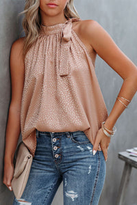 Pink Sleeveless Tie Mock Neck Leopard Tank Top