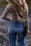 Smoke Gray Leopard Print Long Sleeve Scoop Neck Slim Fit Bodysuit