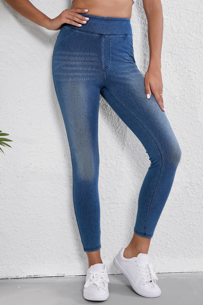 Marineblaue, schmale, knöchellange Jeggings mit mittlerer Taille und elastischem Bund und Taschen