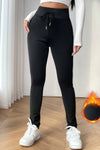 Schwarze, einfarbige Leggings mit Kordelzug an der Taille und Thermofutter