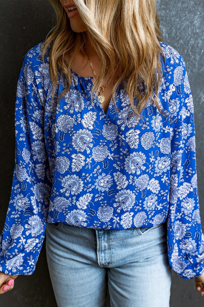 Blue Floral Notched V-Neck Long Sleeve Blouse