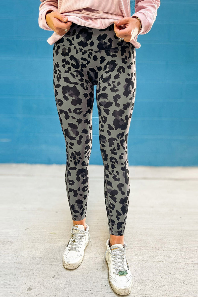 Graue, klassische Aktiv-Leggings mit Leopardenmuster