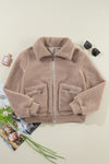 Leichte französisch-beige Winter-Fuzzy-Jacke mit Reißverschlusstaschen